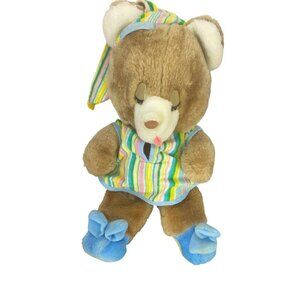 Vintage 1982 Amtoy Sleepytime Bear Plush Toy With Striped‎ Pajamas & Hat